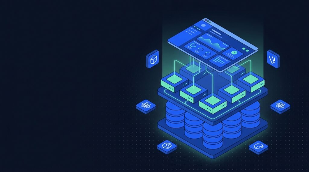 Isometric illustration of a modern web application technology stack showing frontend, backend and database layers